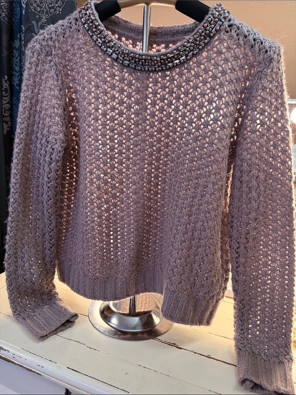 Willow & Clay Beaded Collar Open-Knit Sweater - Taupe